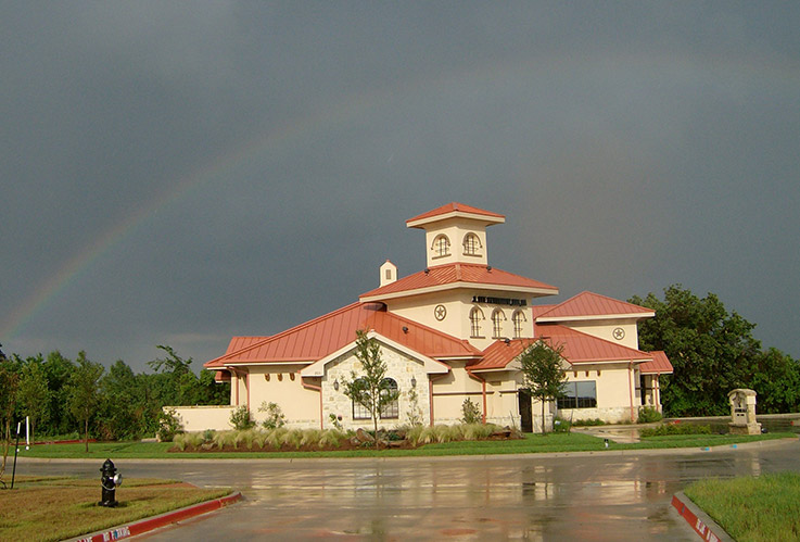 Exterior view of Southlake dental office after rainstorm